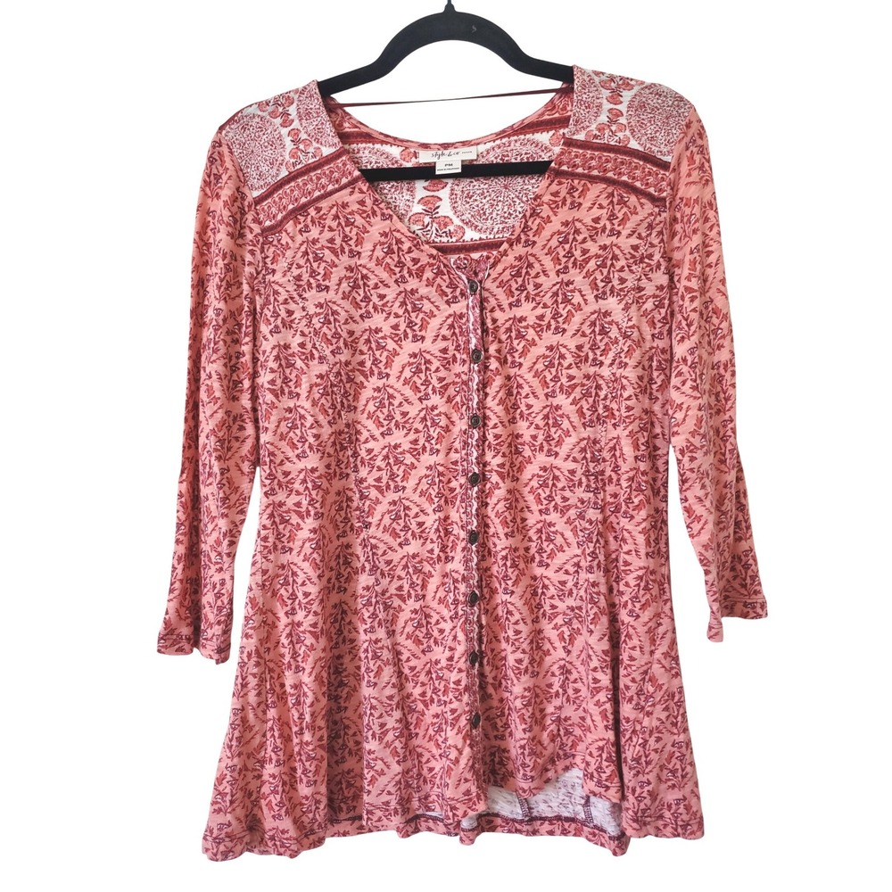 Style & Co Petite M‎ Floral Button Front 3/4 Sleeve Peasant Top Womens Bohemian